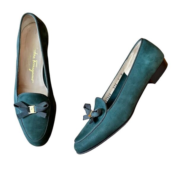 Salvatore Ferragamo Shoes - Vintage Salvatore Ferragamo Suede Slip On Loafers - Green/Gold, 7US